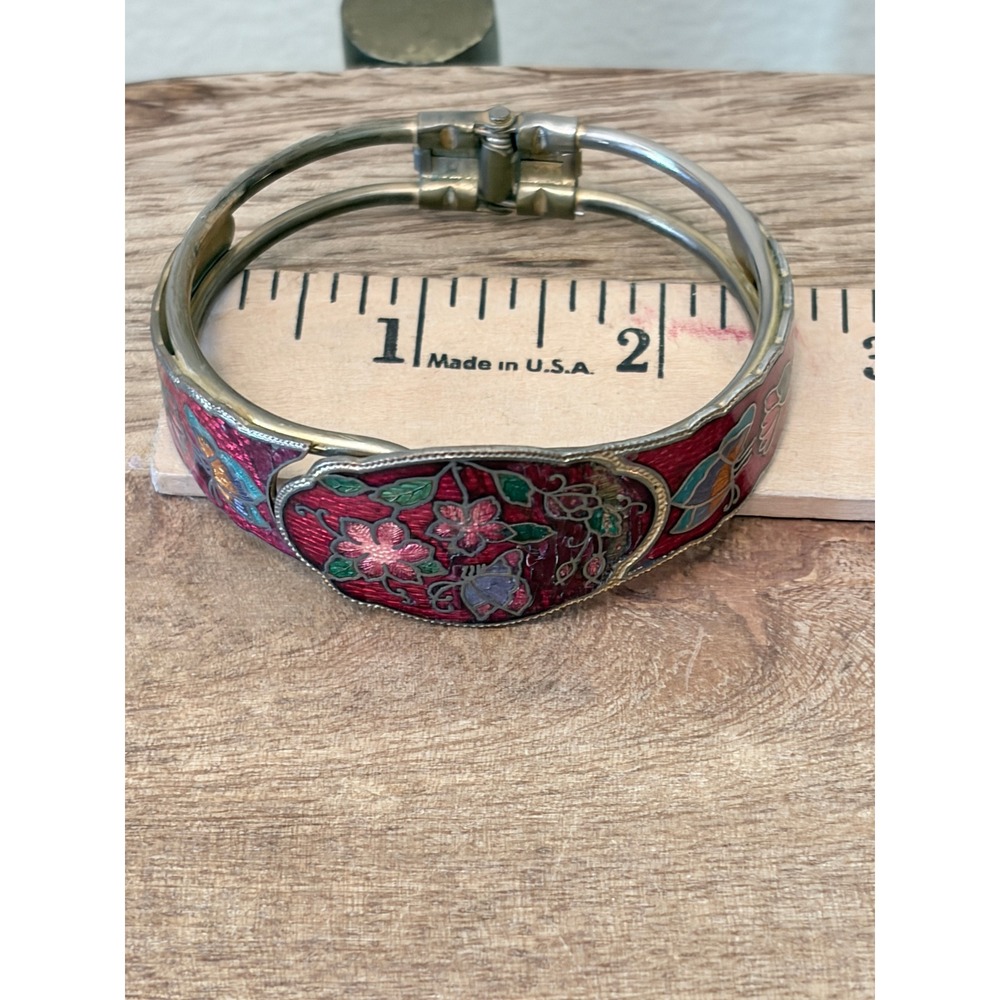 Vintage Red Cloisonne Enamel Butterfly Hinged Bangle Bracelet Floral Boho - Picture 10 of 11